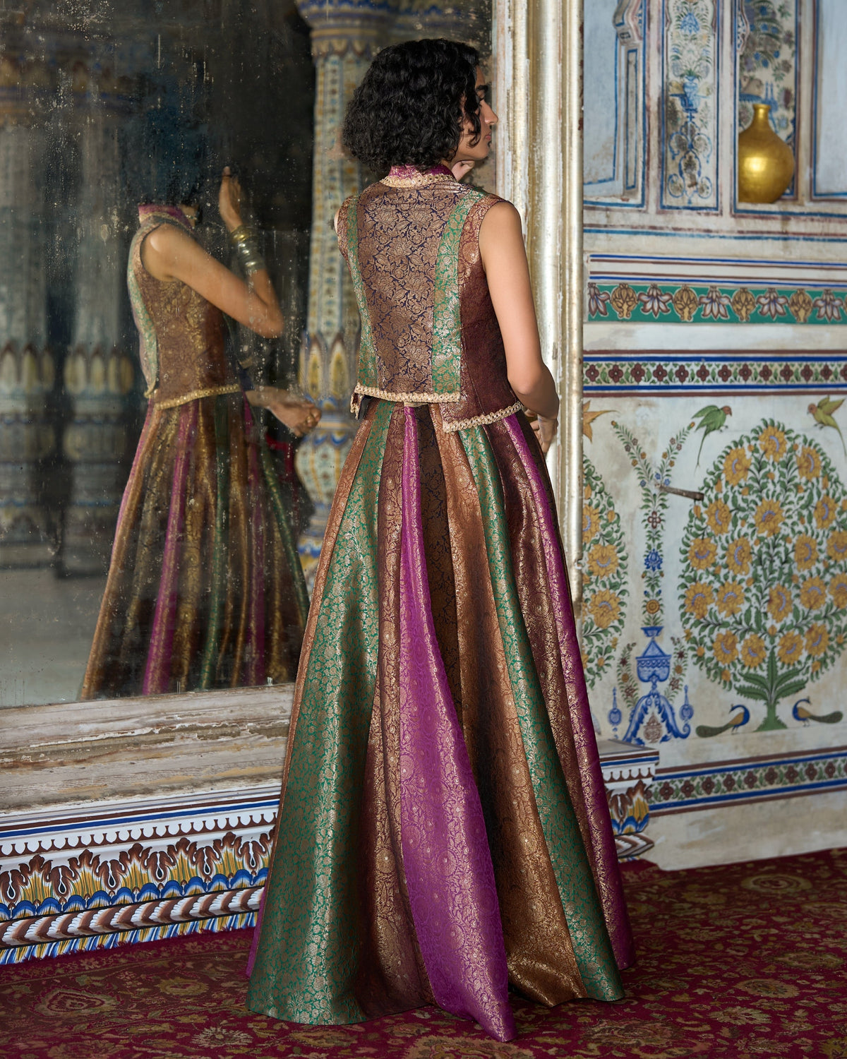 Multicolour Brocade Waistcoat Skirt Set