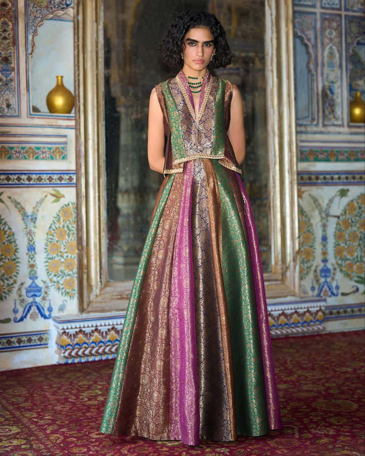 Multicolour Brocade Waistcoat Skirt Set