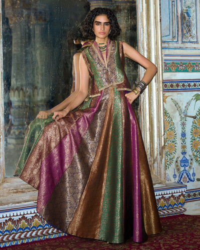 Multicolour Brocade Waistcoat Skirt Set