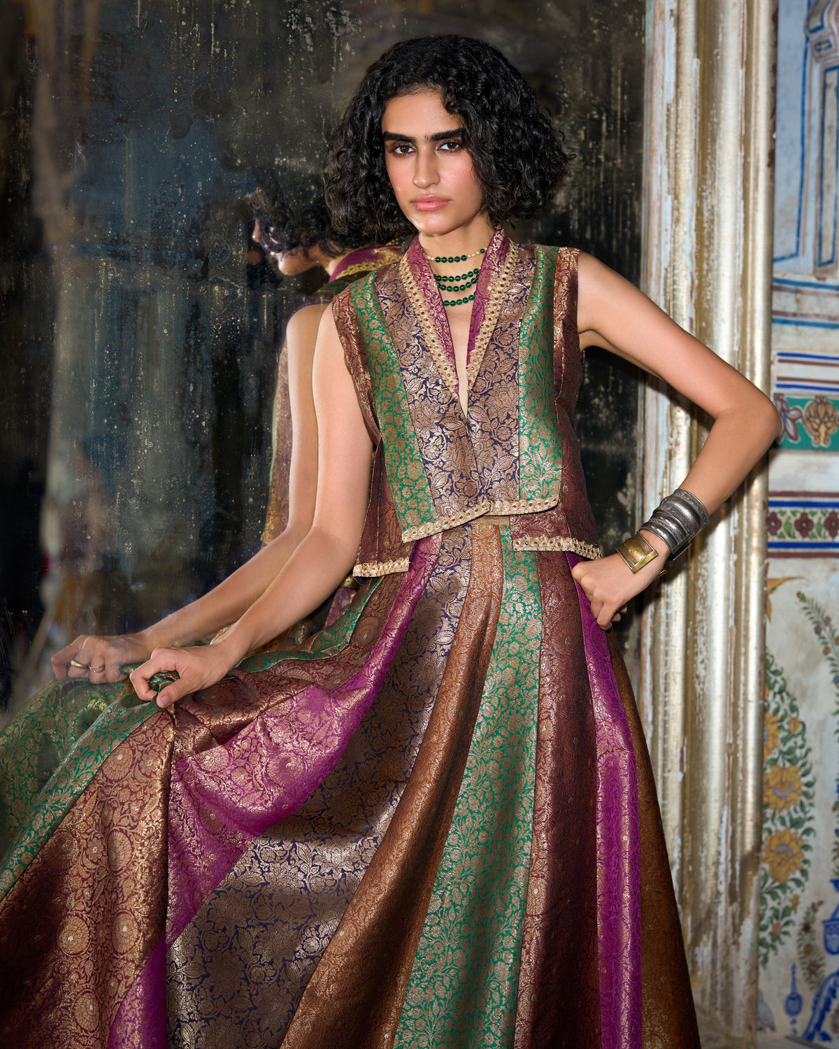 Multicolour Brocade Waistcoat Skirt Set