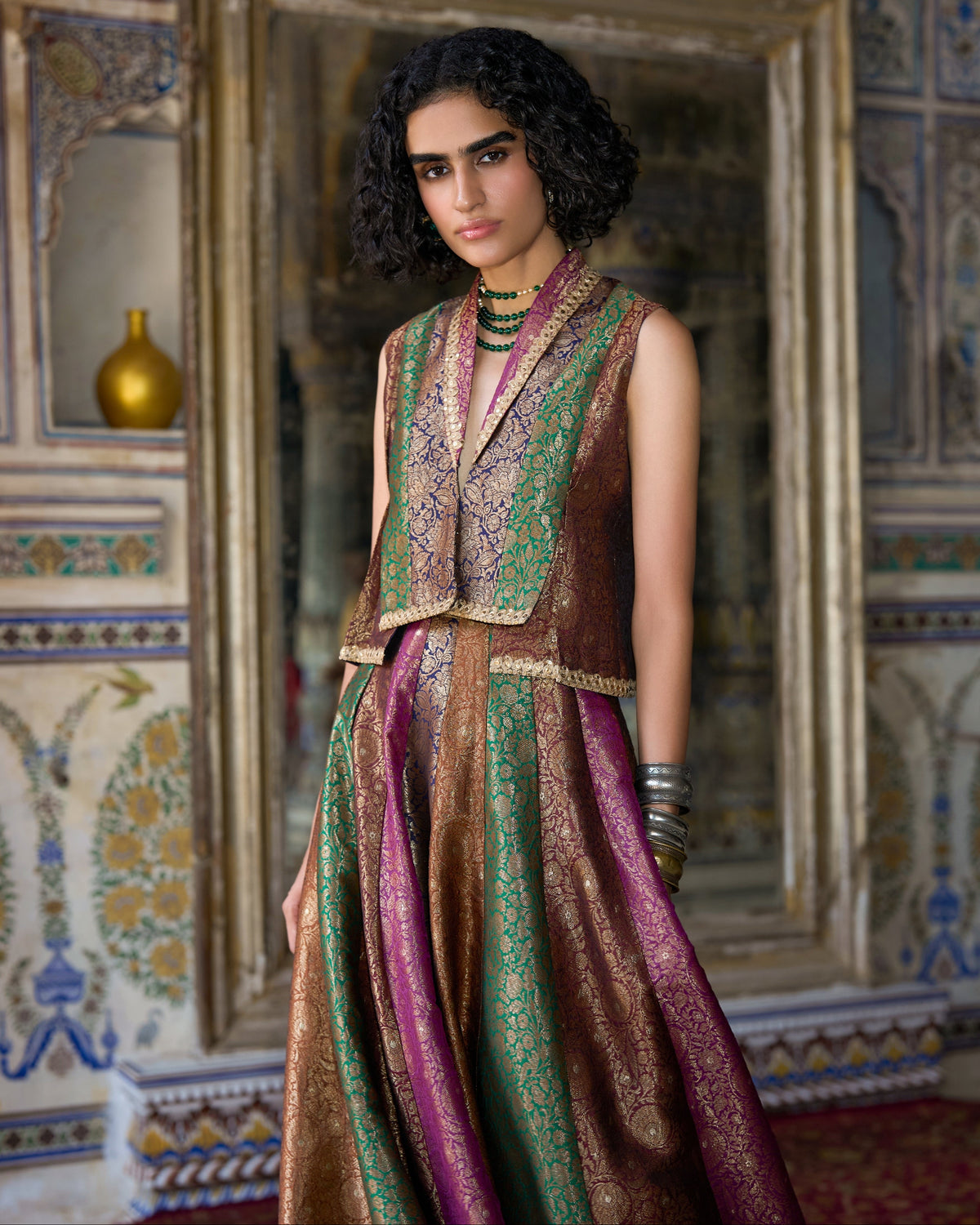 Multicolour Brocade Waistcoat Skirt Set