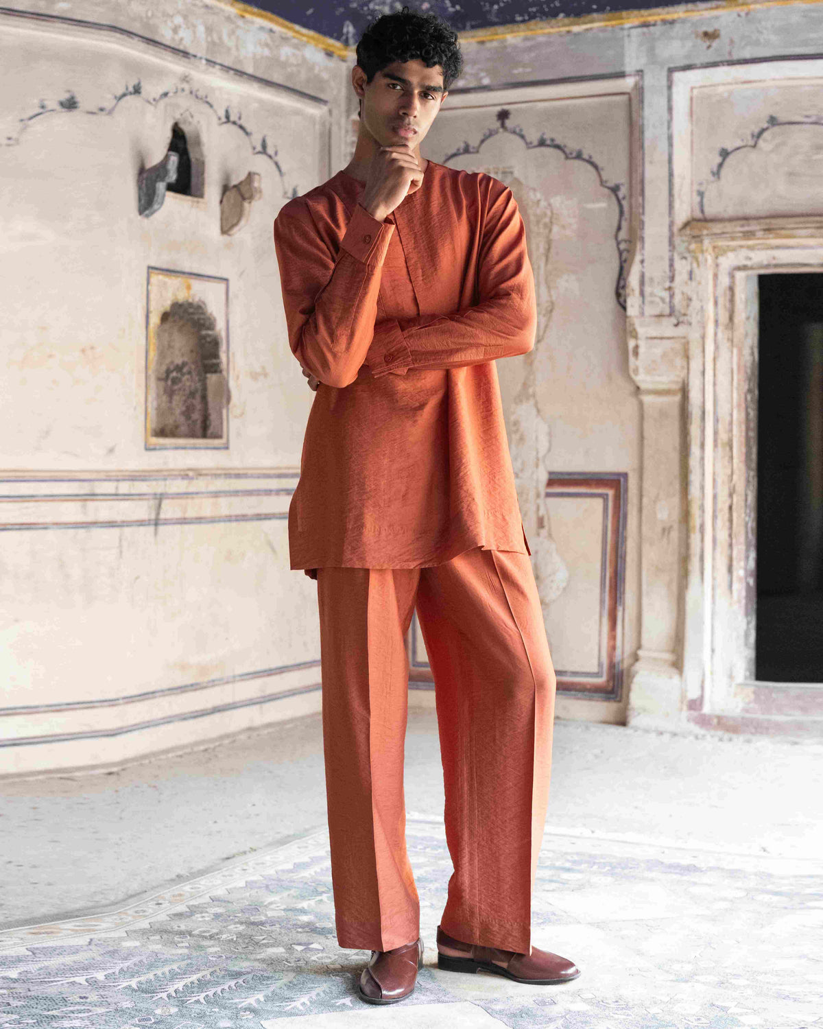 Rust Textured Shirt Kurta Set