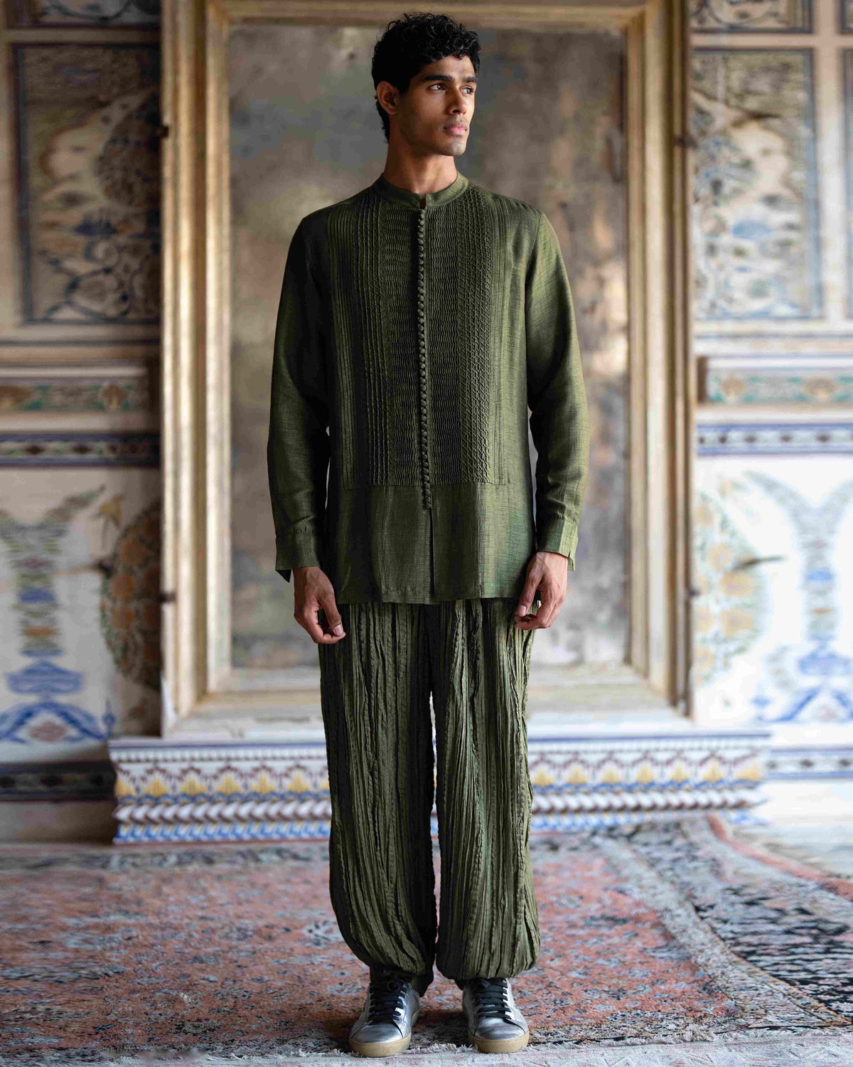 Green Pintuck Shirt Kurta Set