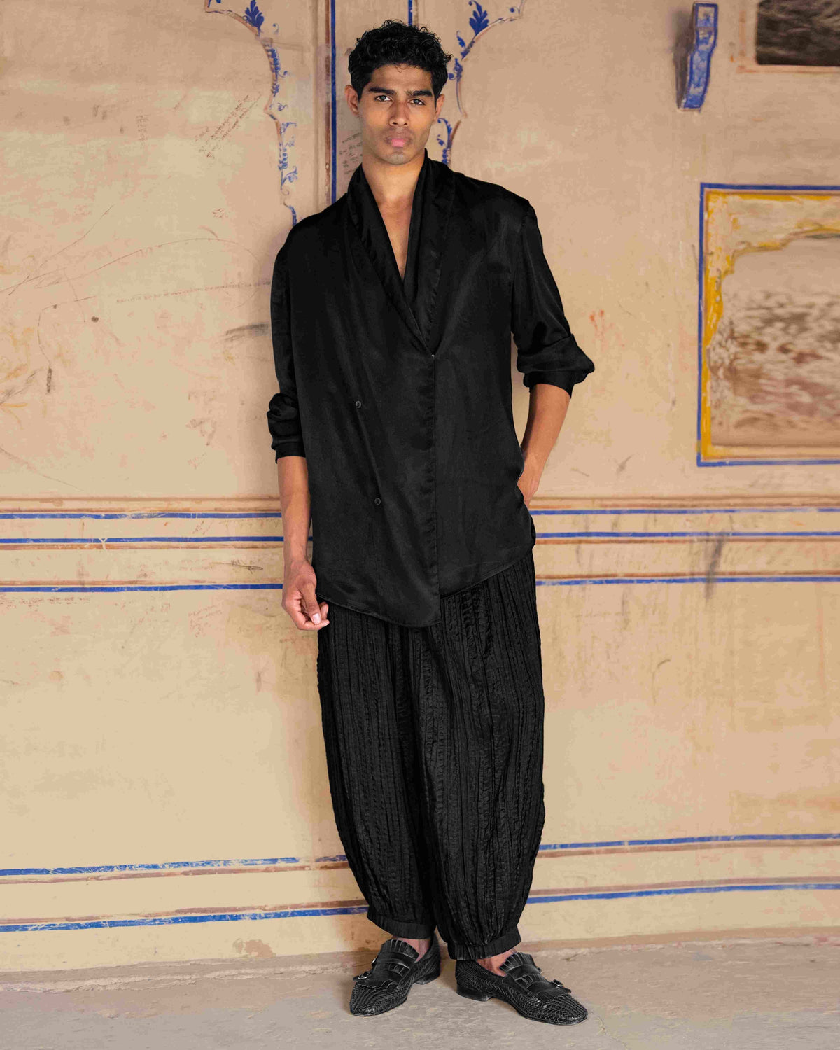 Black Draped Collar Kurta Set