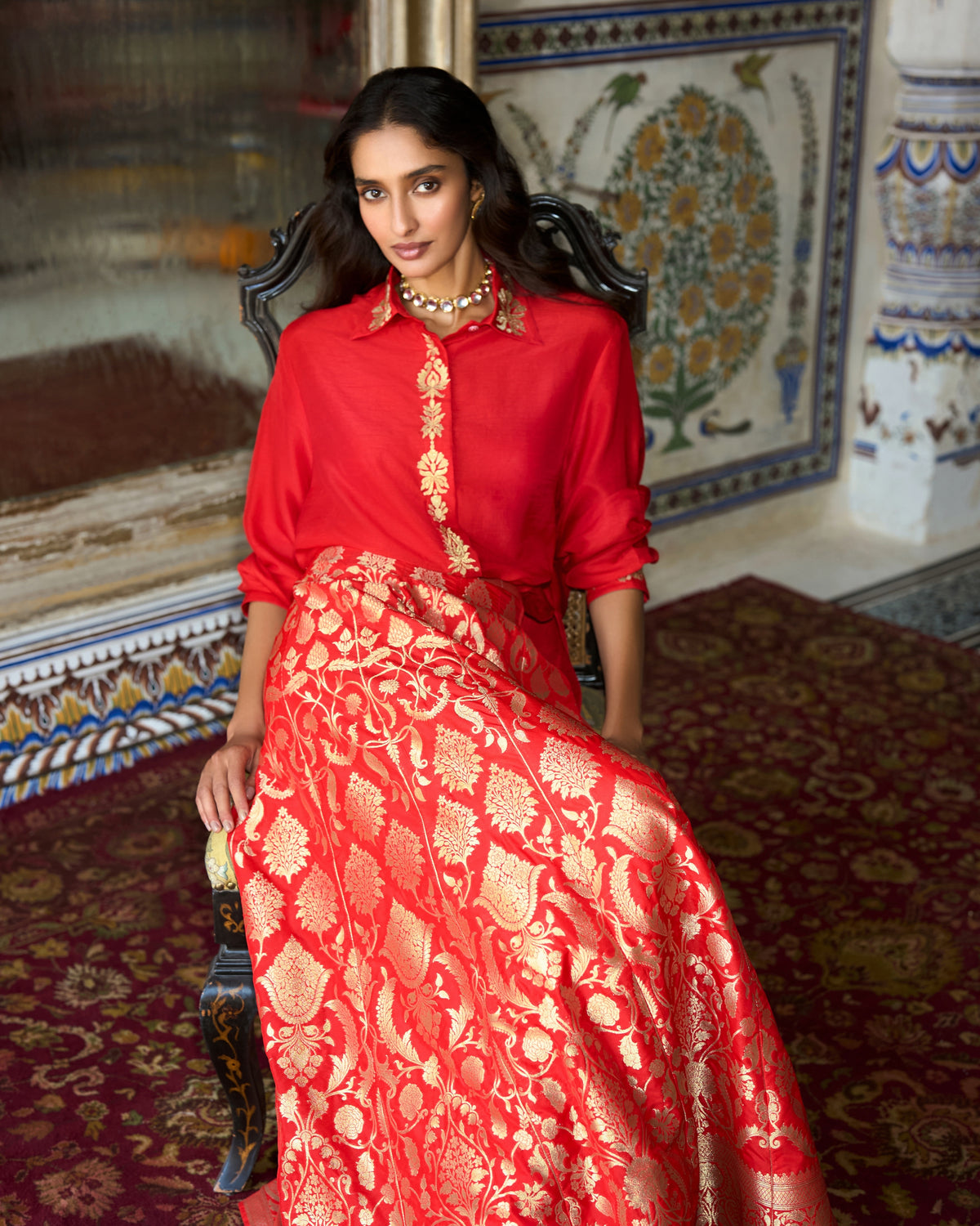 Red Brocade Skirt Set