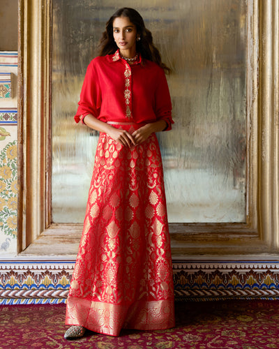 Red Brocade Skirt Set