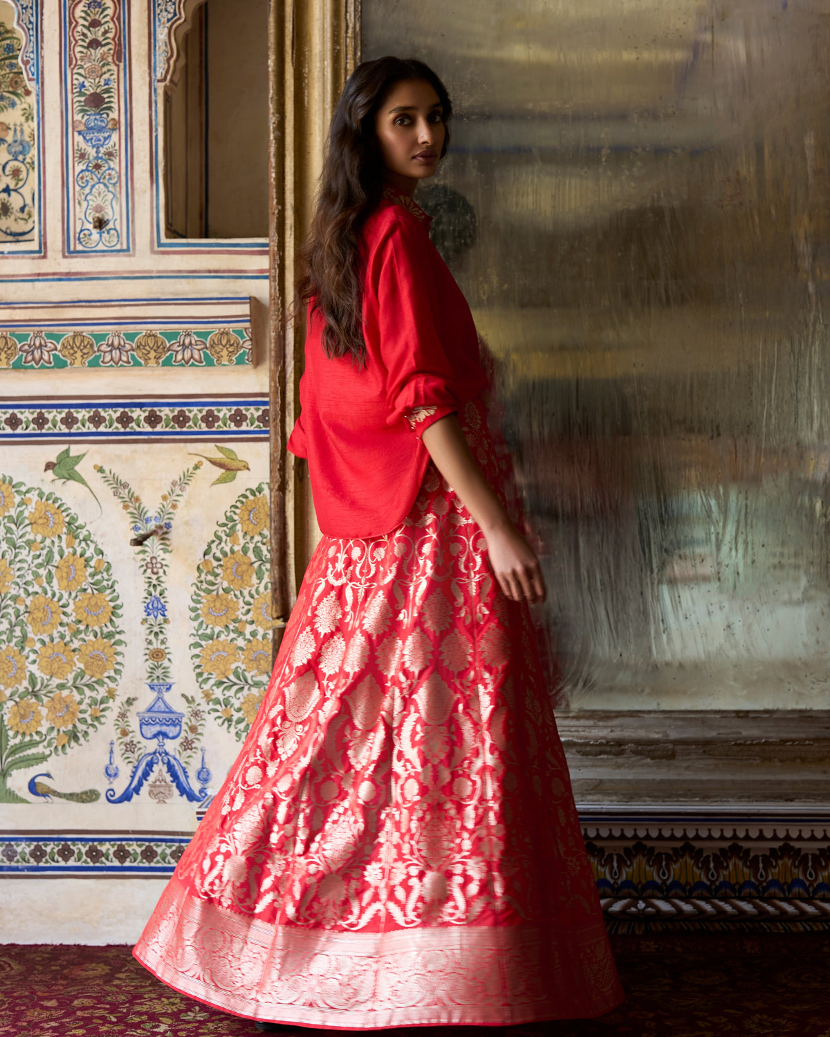 Red Brocade Skirt Set