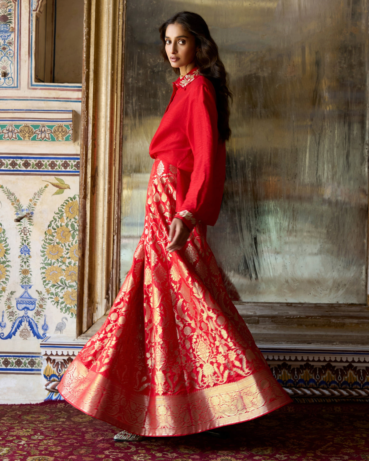 Red Brocade Skirt Set
