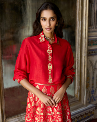 Red Brocade Skirt Set