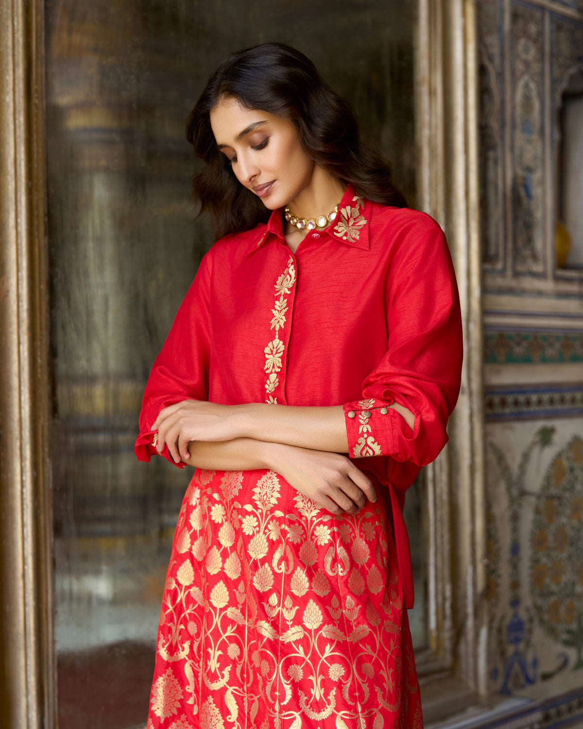 Red Brocade Skirt Set