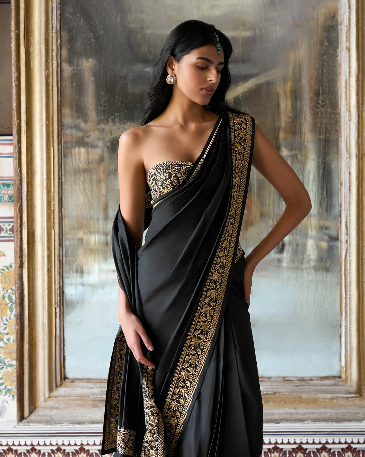 Gold Black Embroidered Sari Set