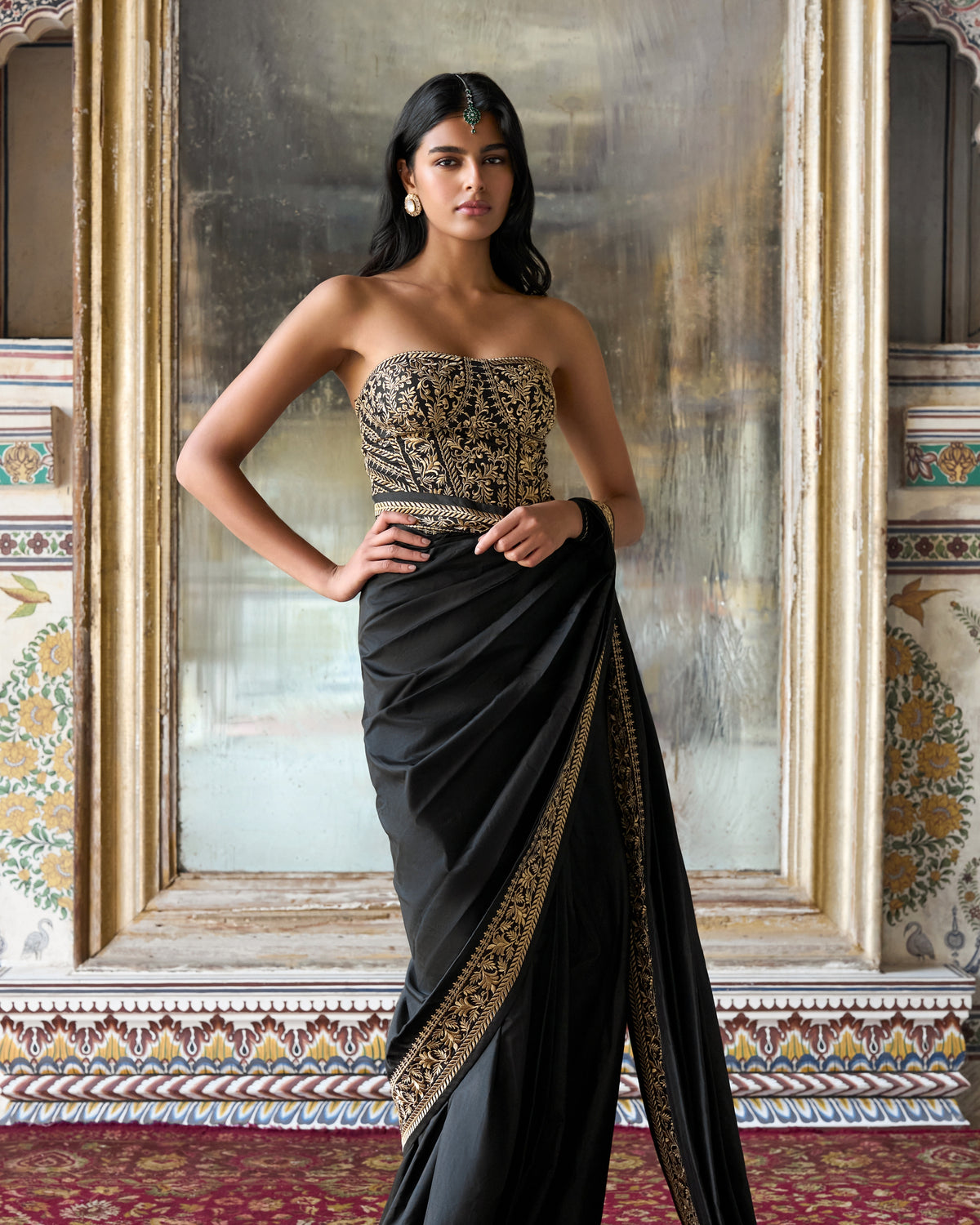Gold Black Embroidered Sari Set