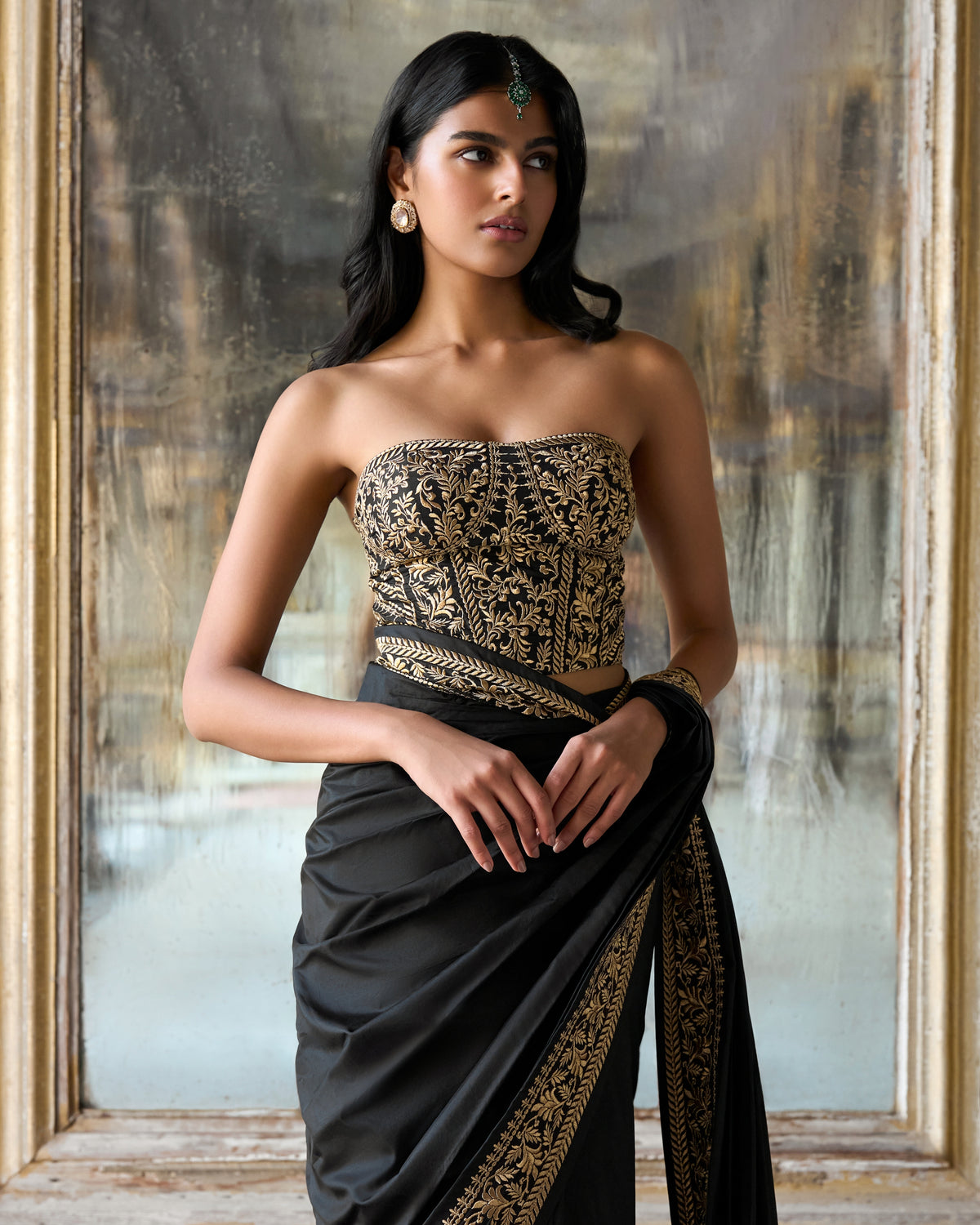 Gold Black Embroidered Sari Set