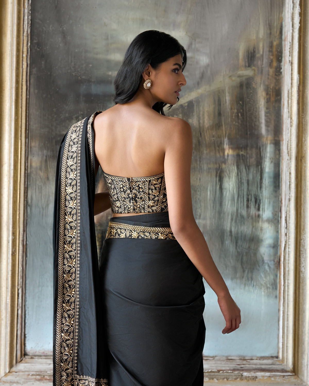 Gold Black Embroidered Sari Set