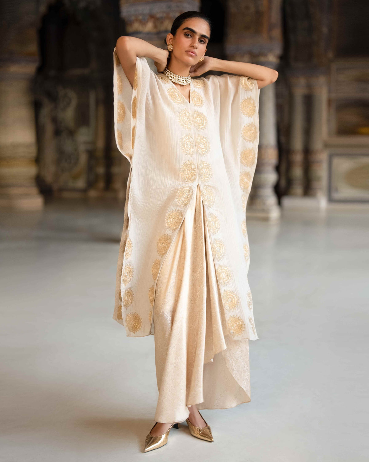 Ecru Brocade Skirt & Kaftan Set