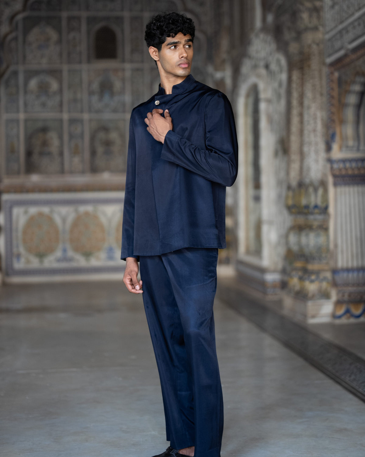 Navy Asymmetric Jacket Pant Set