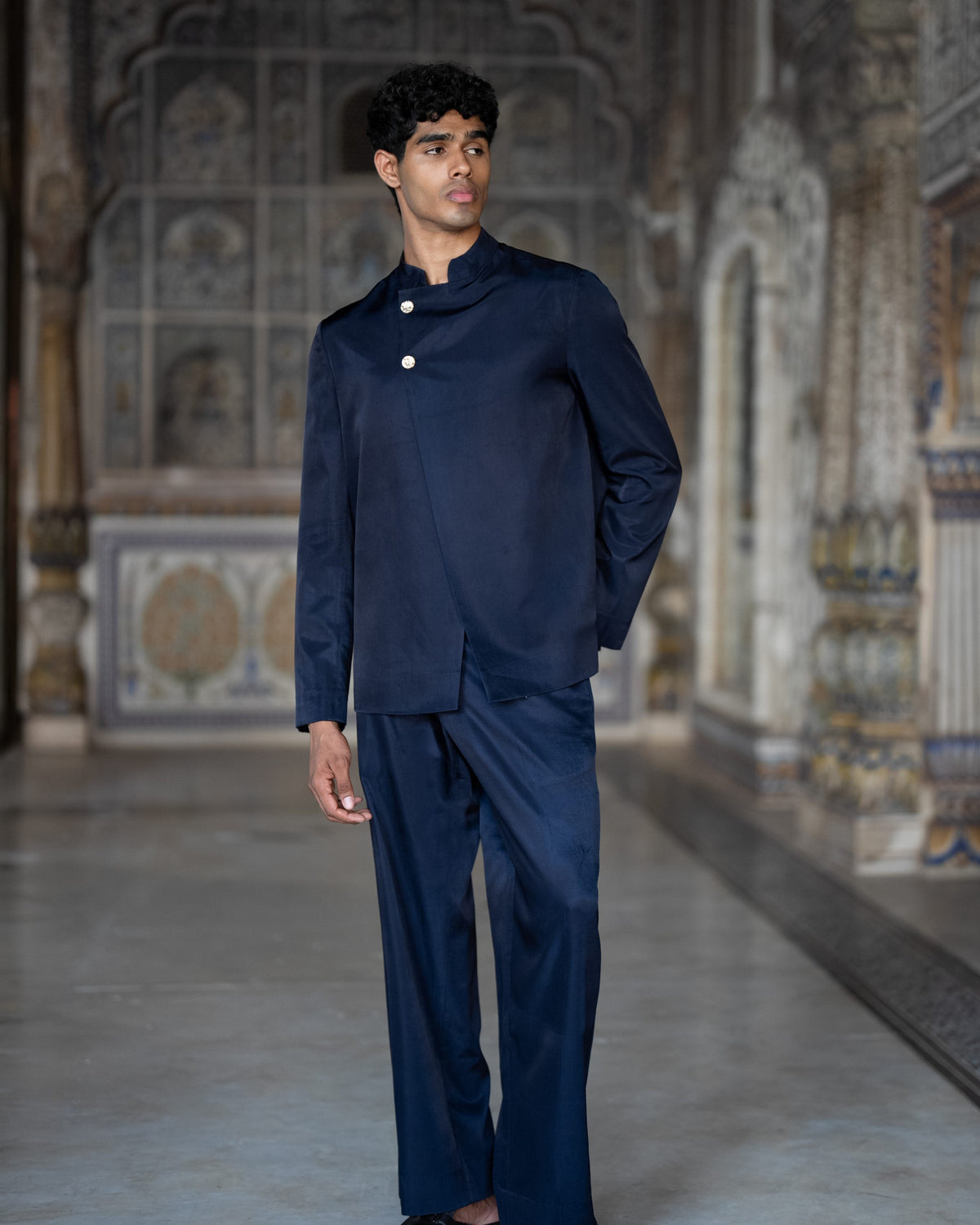 Navy Asymmetric Jacket Pant Set