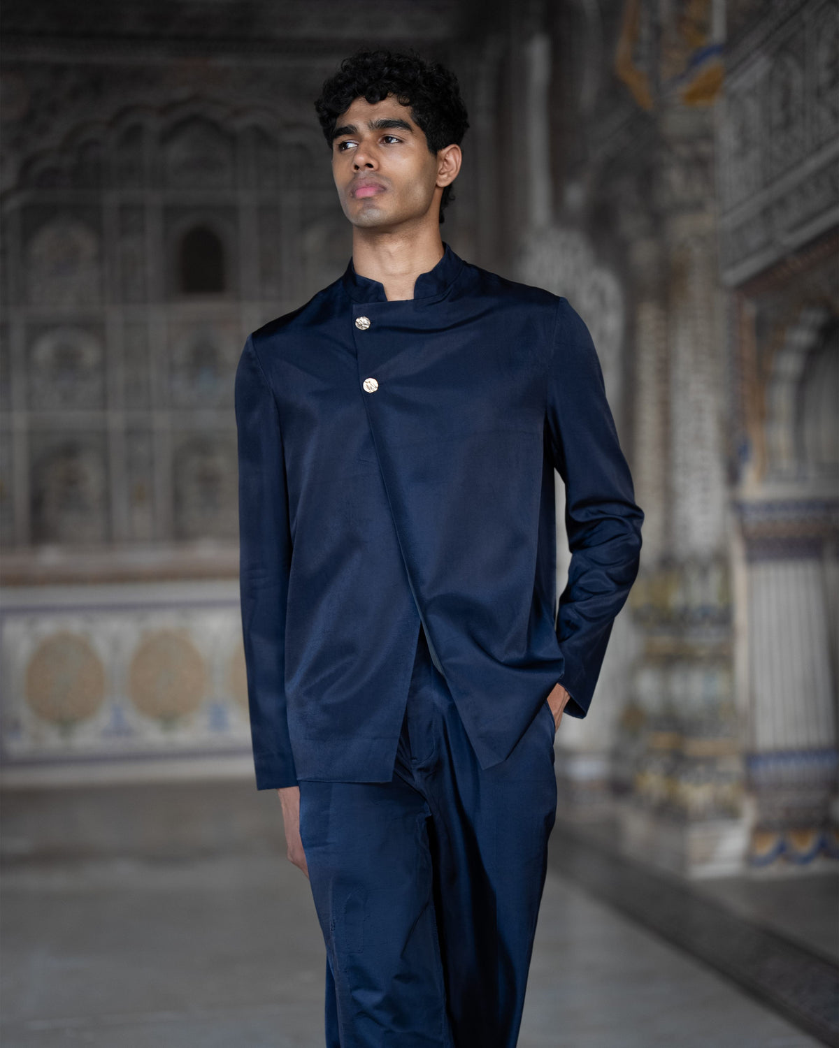 Navy Asymmetric Jacket Pant Set