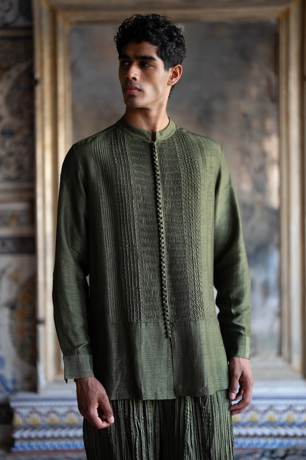 Green Pintuck Shirt Kurta Set