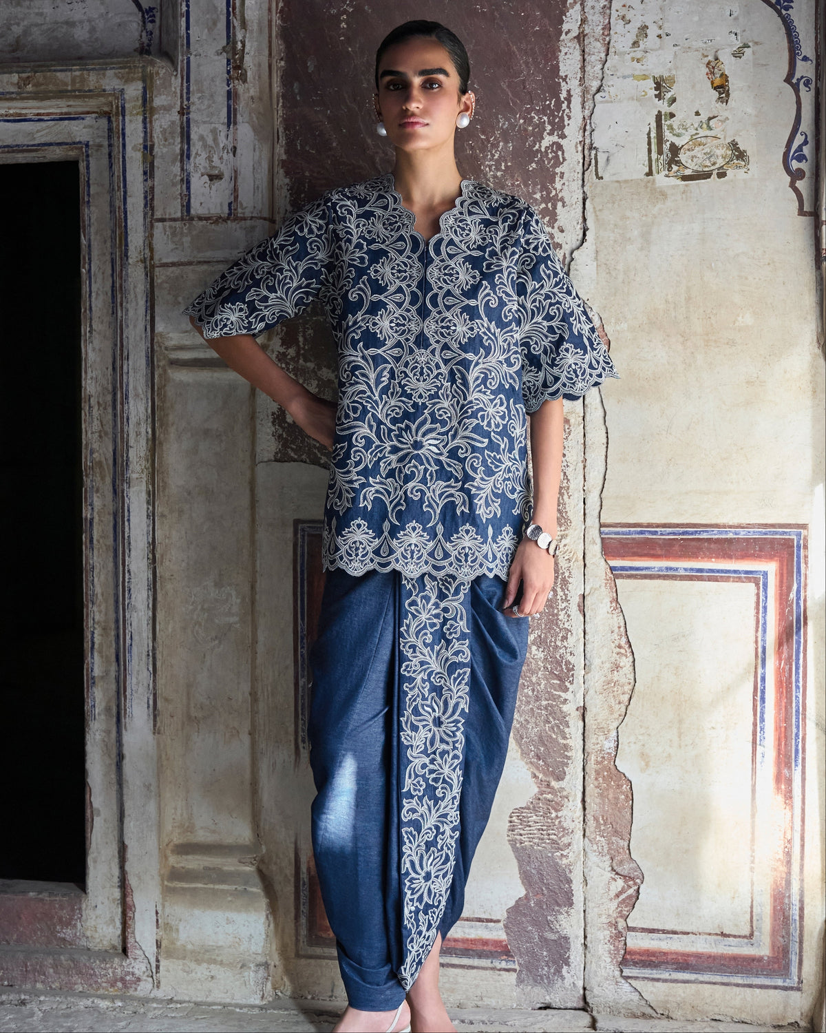Silver Denim Dhoti Set