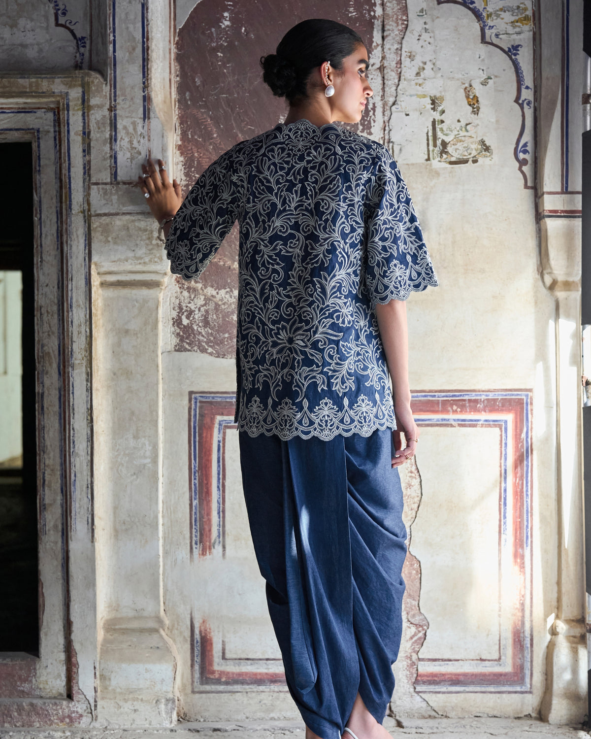 Silver Denim Dhoti Set