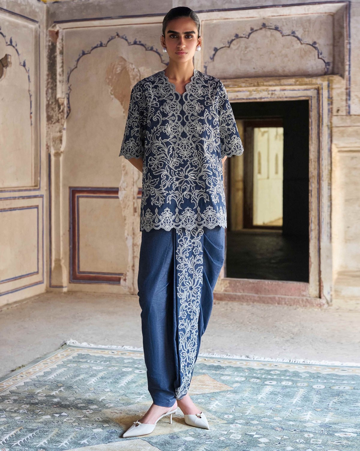 Silver Denim Dhoti Set