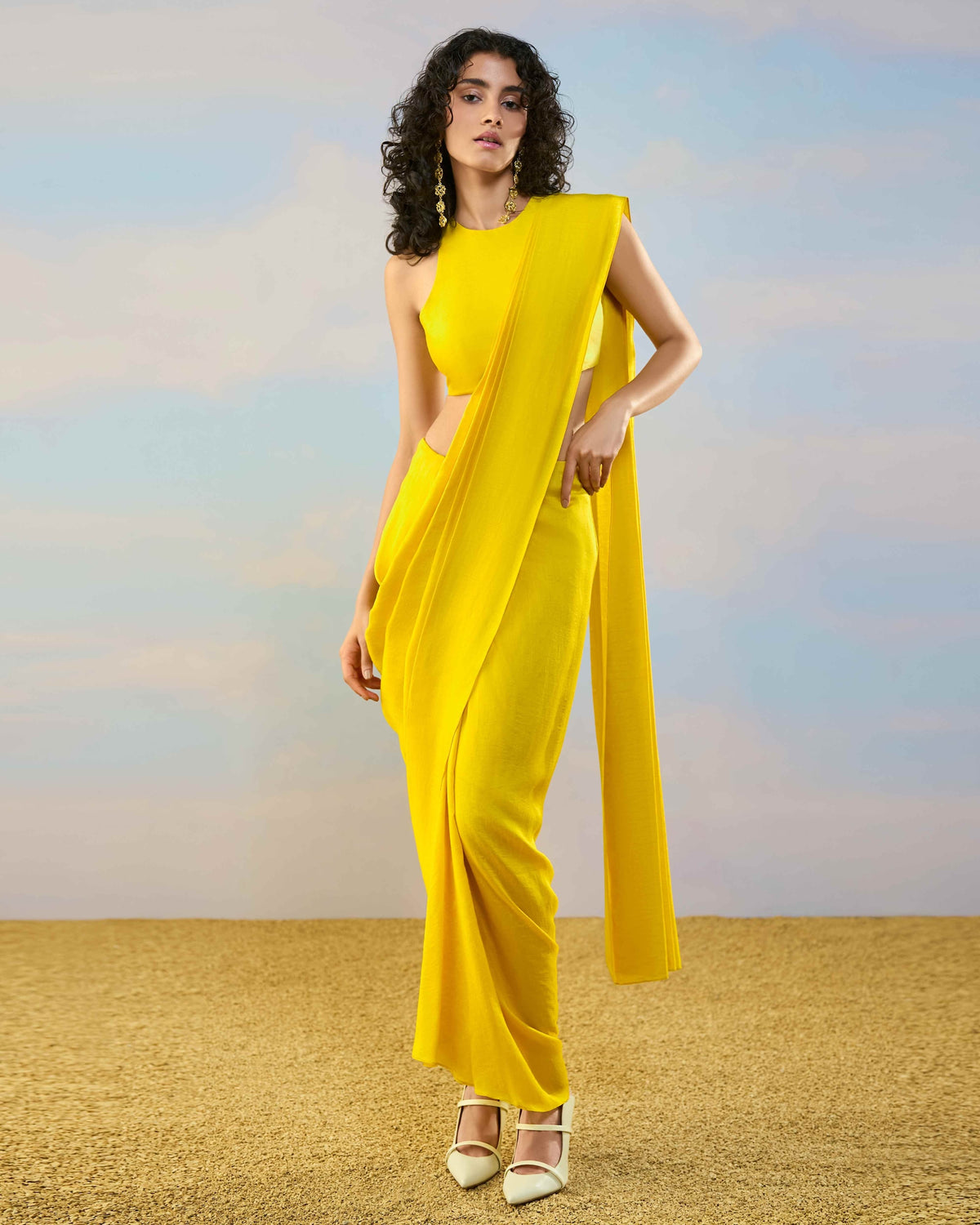 Yellow Sleeveless Sari Skirt Set