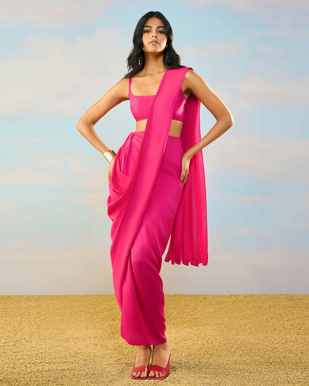 Fuchsia Bandeau Sari Skirt Set