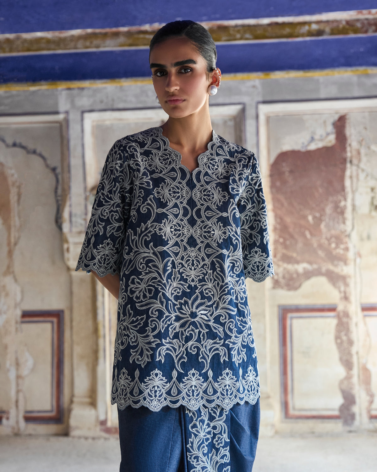 Silver Denim Dhoti Set