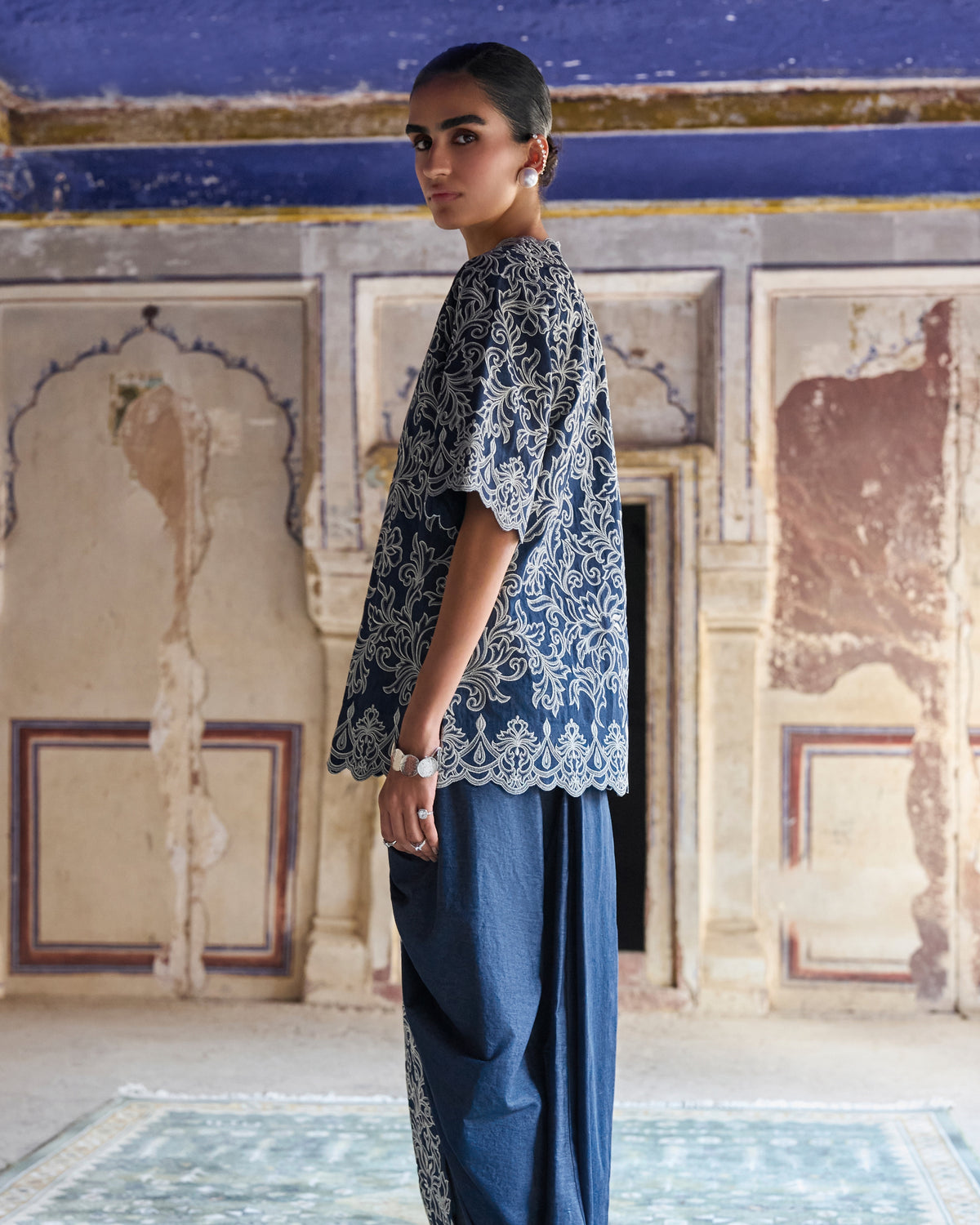 Silver Denim Dhoti Set