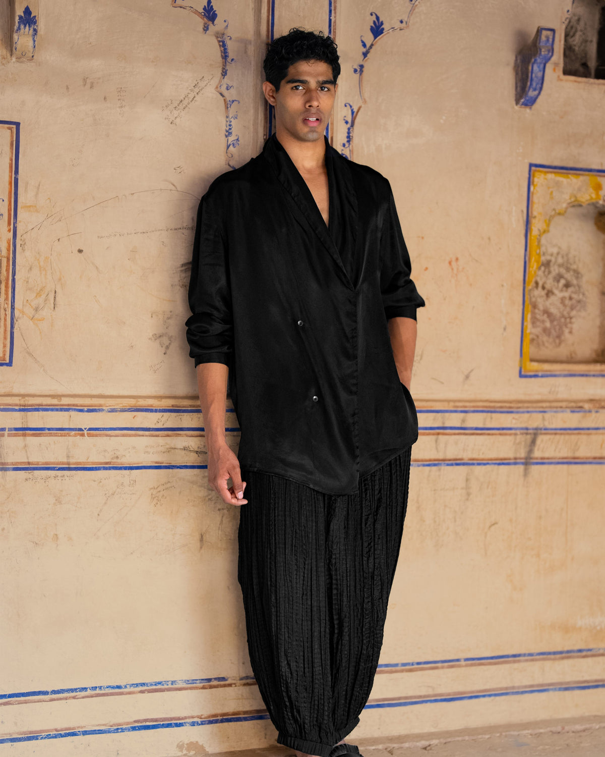 Black Draped Collar Kurta Set
