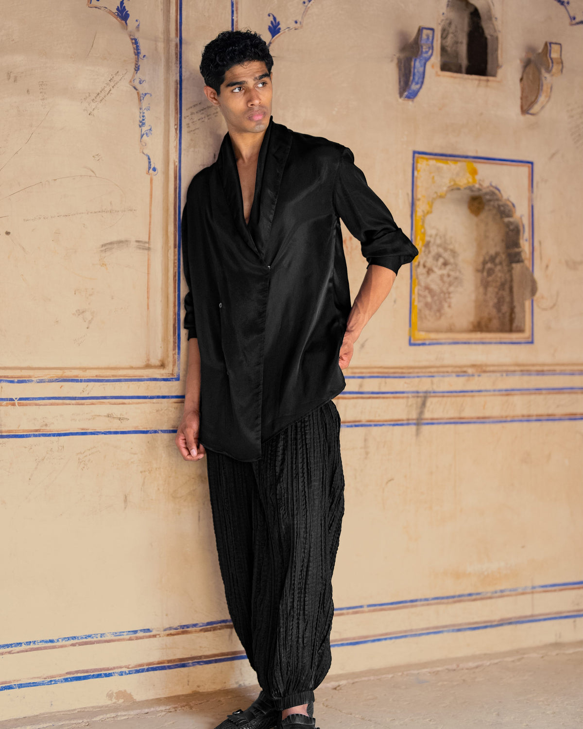 Black Draped Collar Kurta Set