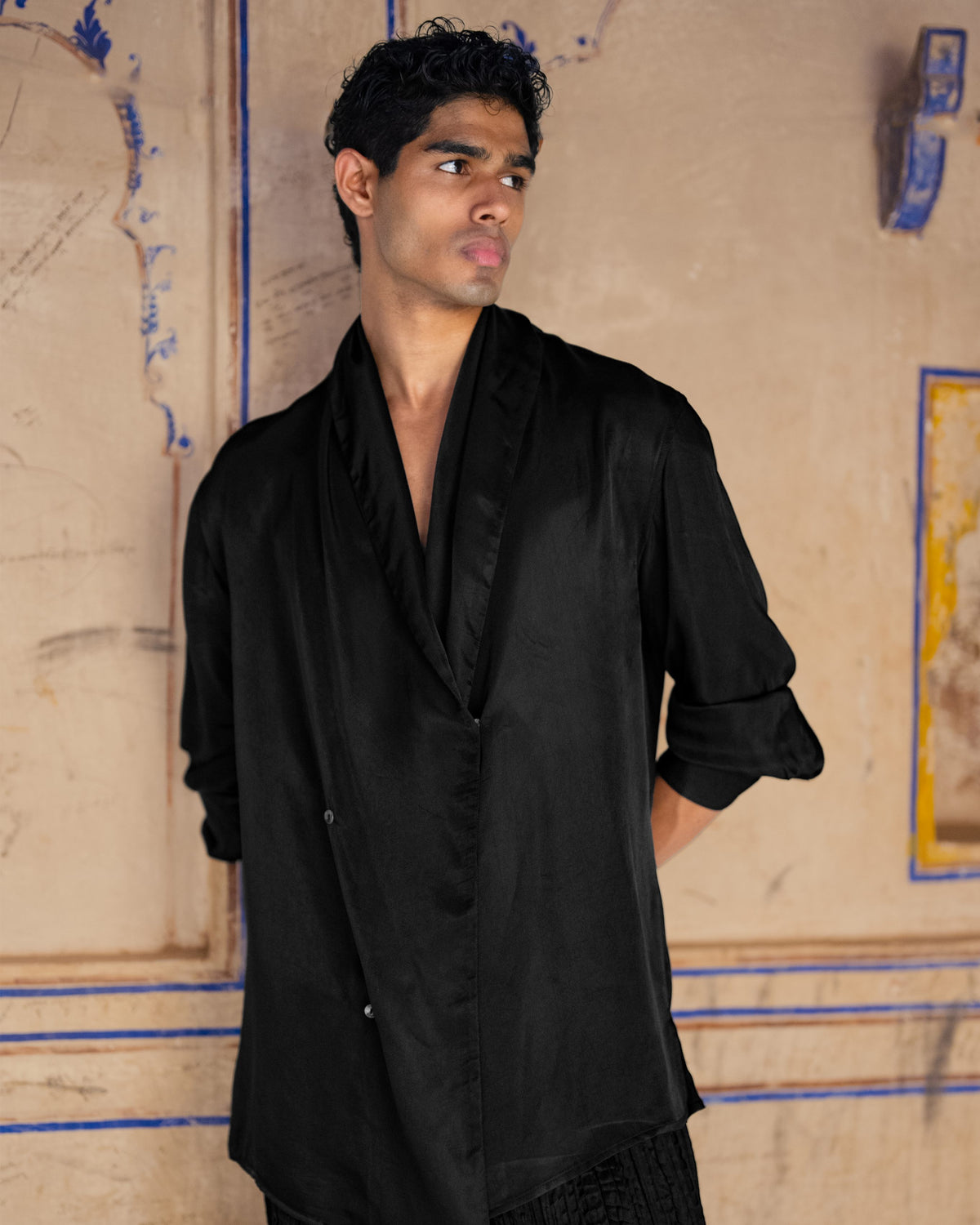 Black Draped Collar Kurta Set