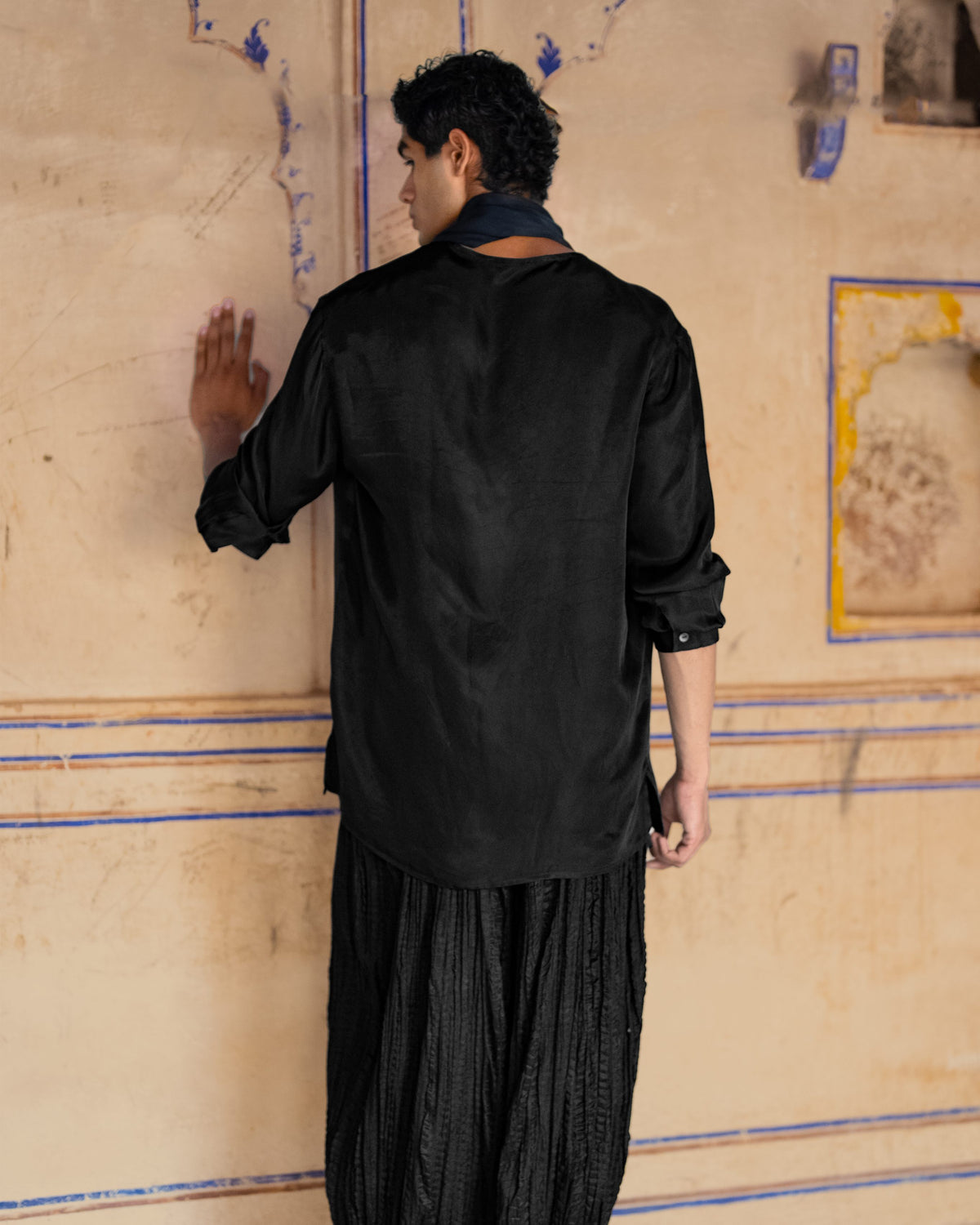Black Draped Collar Kurta Set