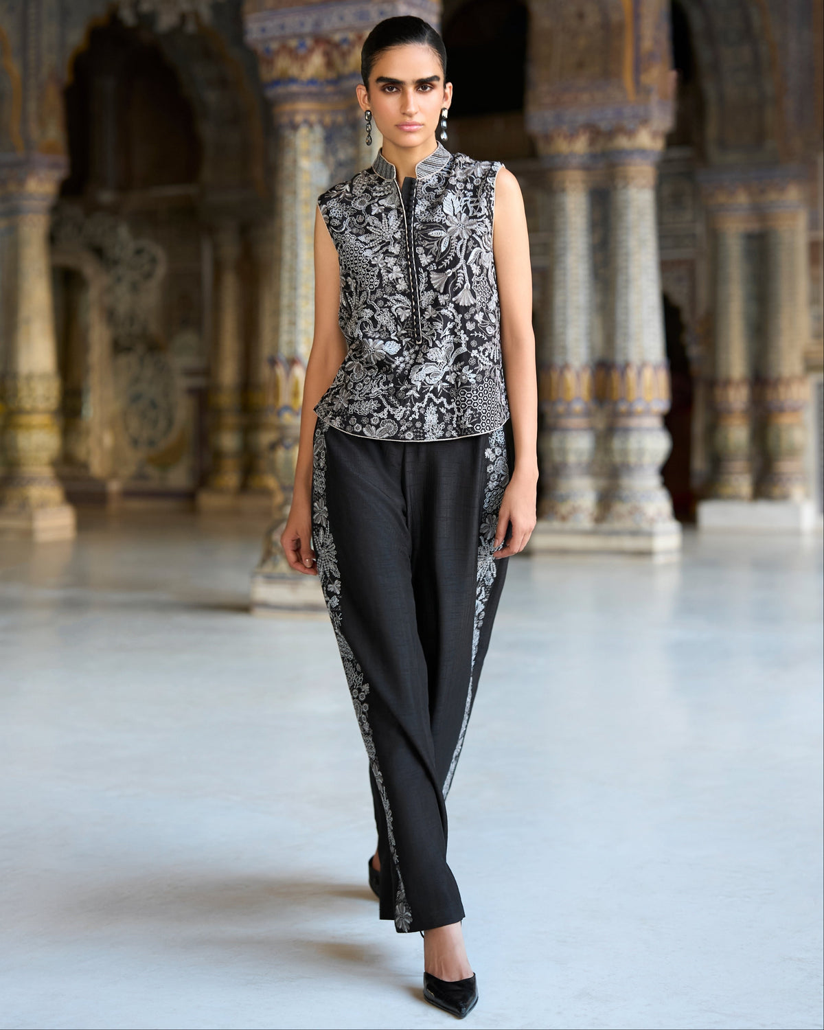 Black Metallic Embroidered Pant Set