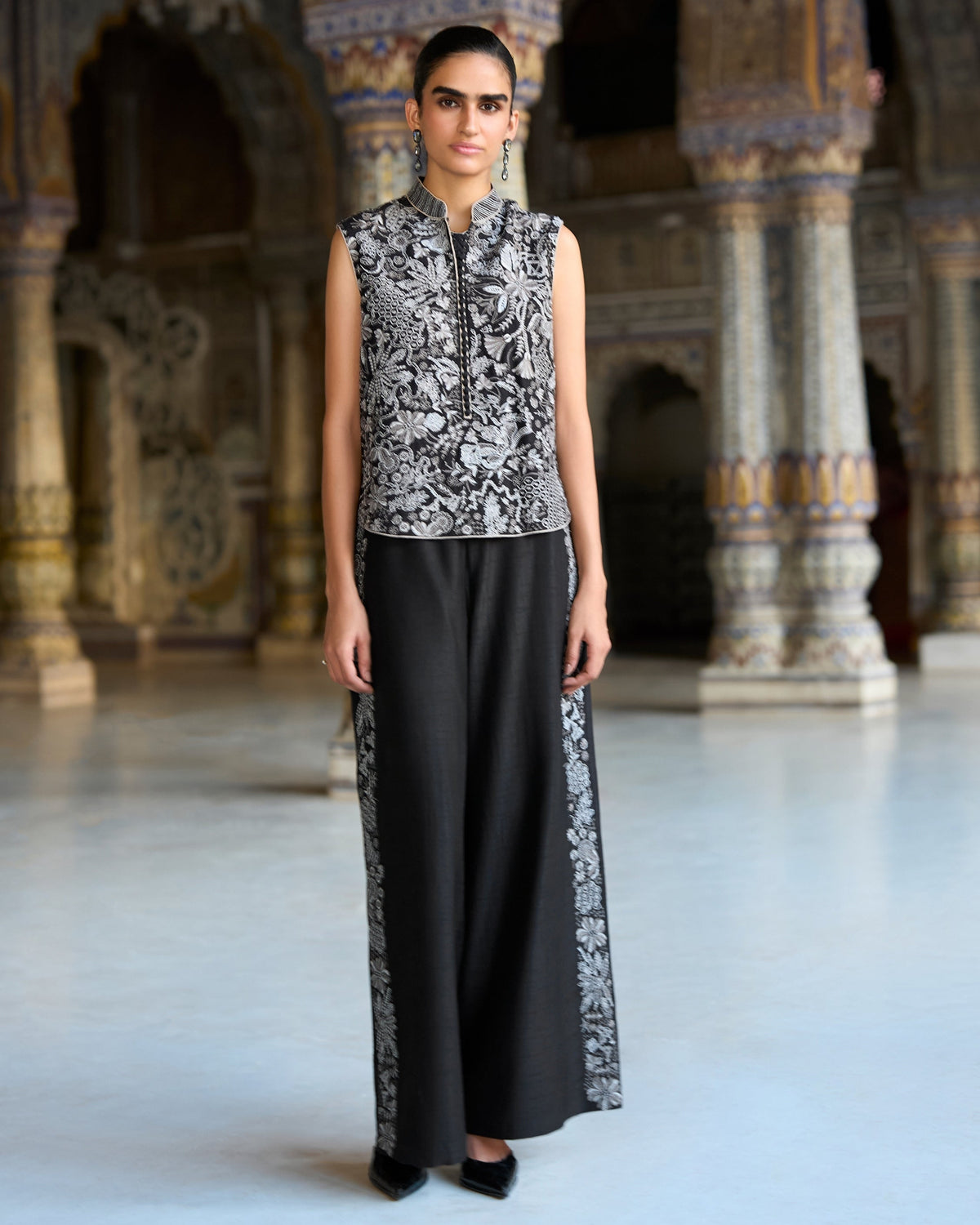 Black Metallic Embroidered Pant Set
