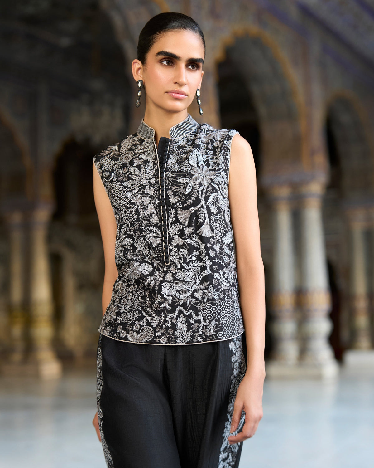 Black Metallic Embroidered Pant Set