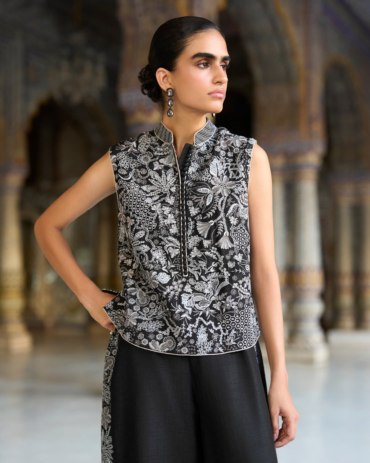 Black Metallic Embroidered Pant Set