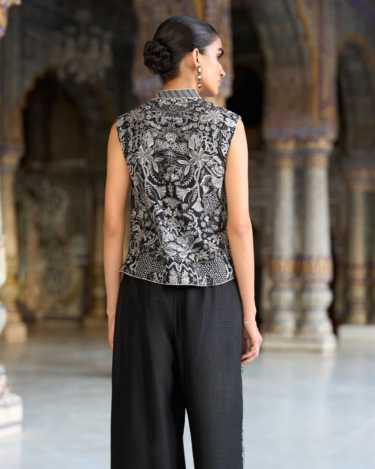 Black Metallic Embroidered Pant Set