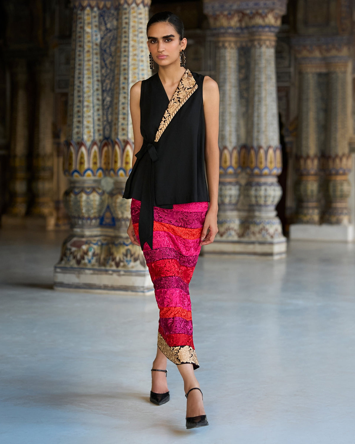 Black Embroidered Waistcoat Skirt Set
