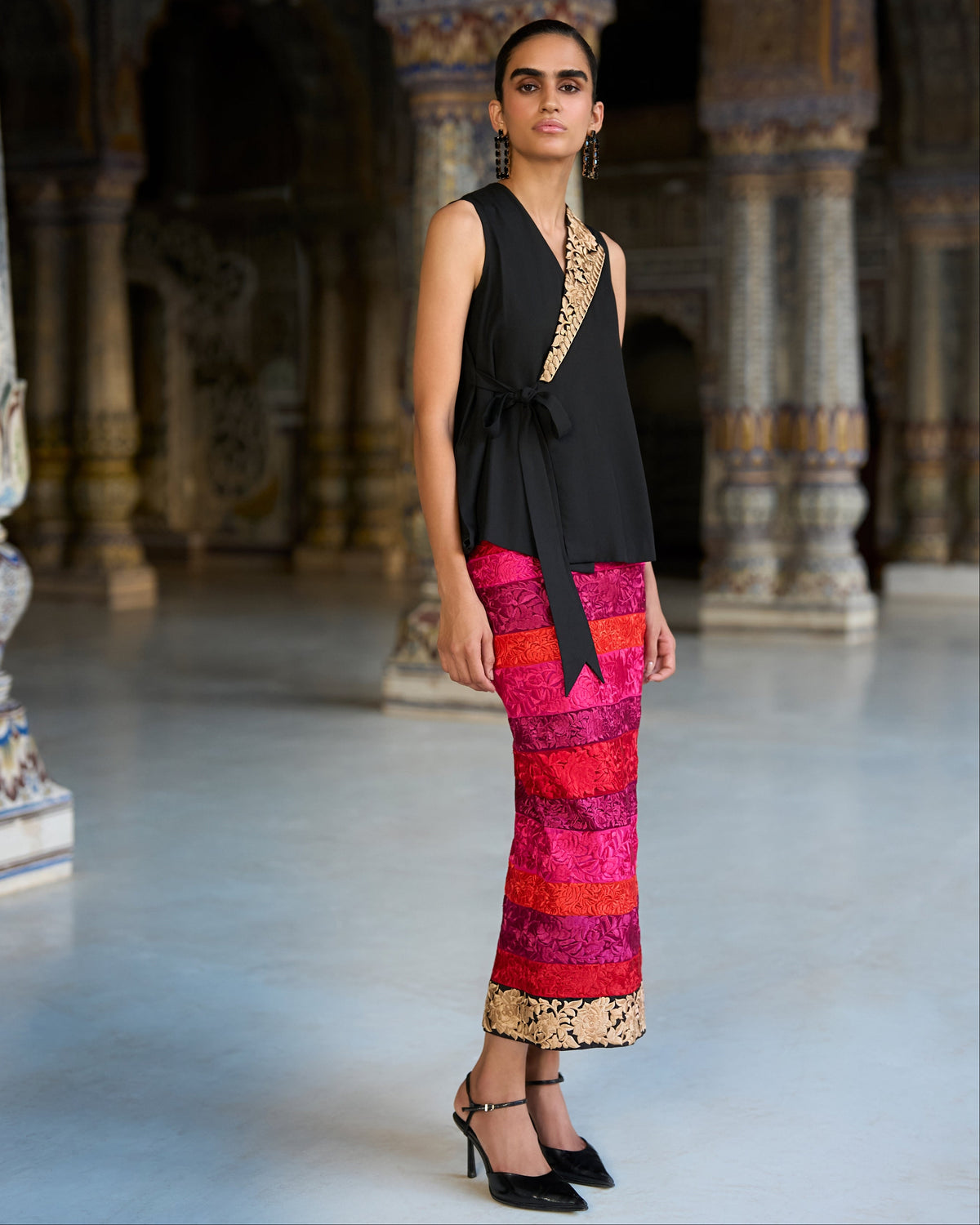 Black Embroidered Waistcoat Skirt Set