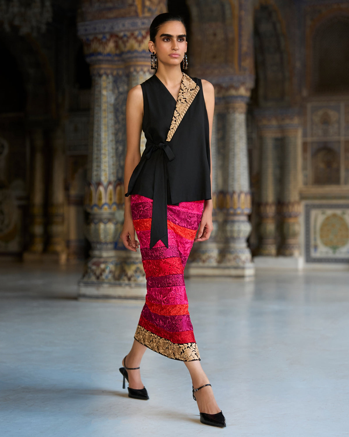 Black Embroidered Waistcoat Skirt Set