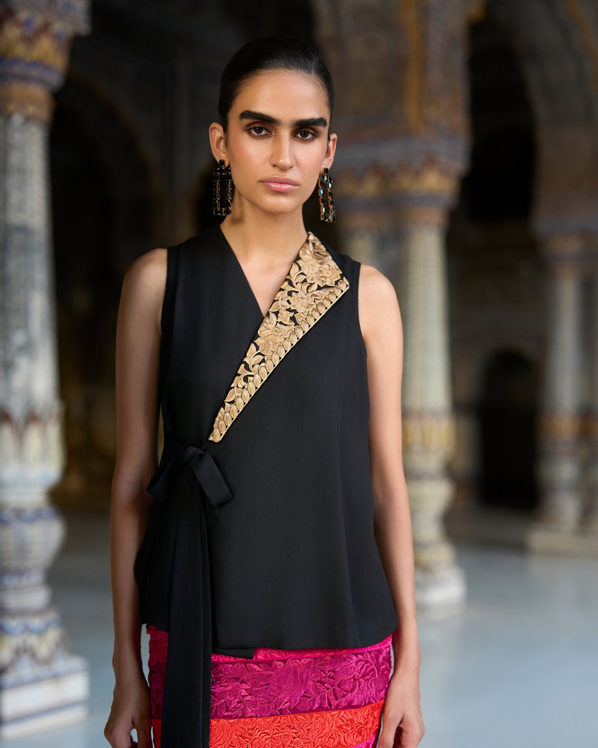 Black Embroidered Waistcoat Skirt Set