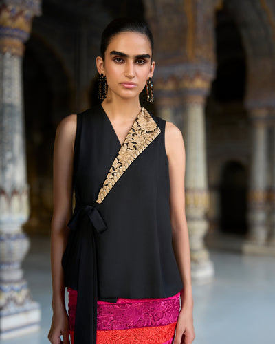 Black Embroidered Waistcoat Skirt Set