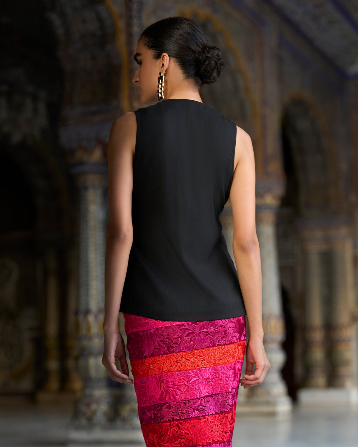 Black Embroidered Waistcoat Skirt Set