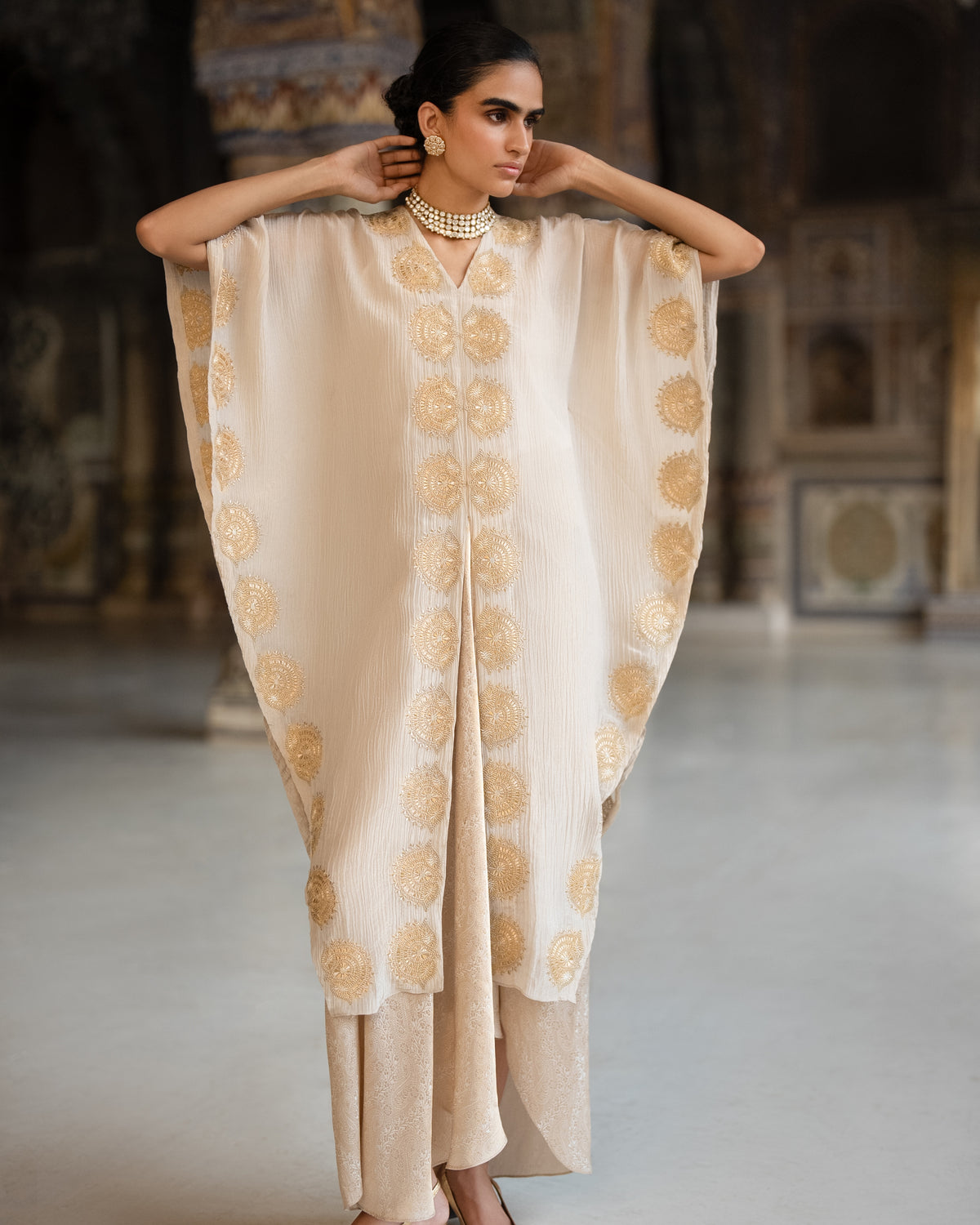 Ecru Brocade Skirt & Kaftan Set