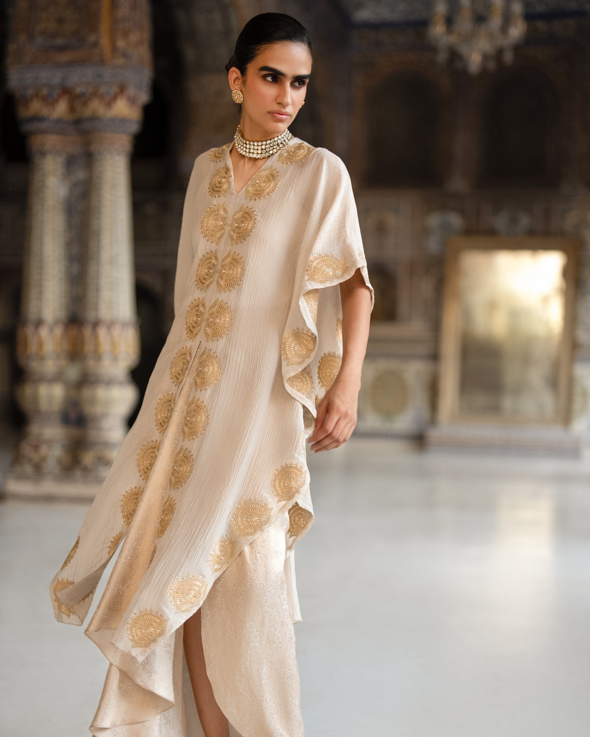 Ecru Brocade Skirt & Kaftan Set