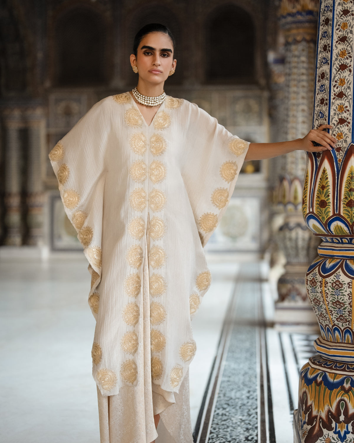 Ecru Brocade Skirt & Kaftan Set