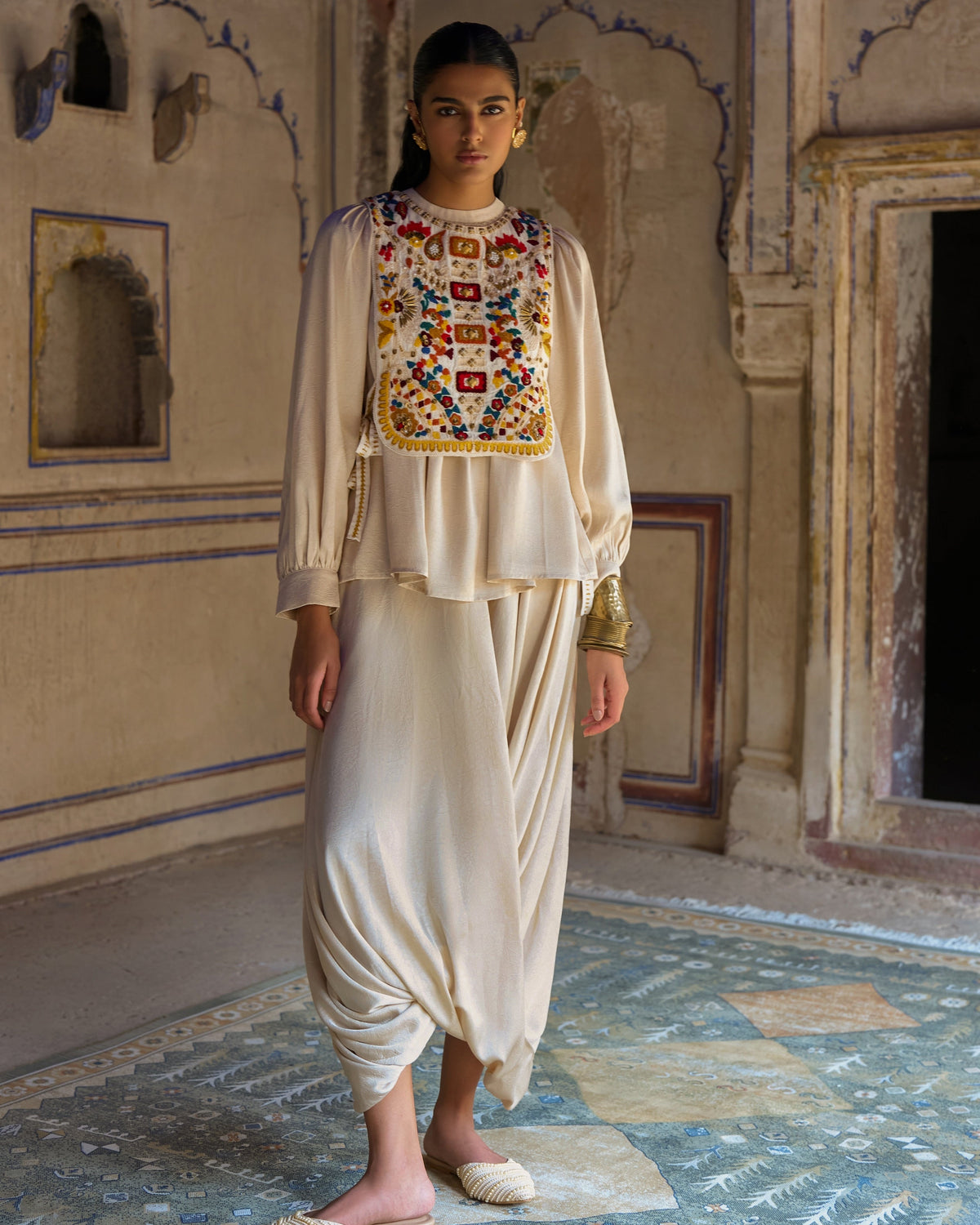 Ivory Embroidered Cowl Pant Set