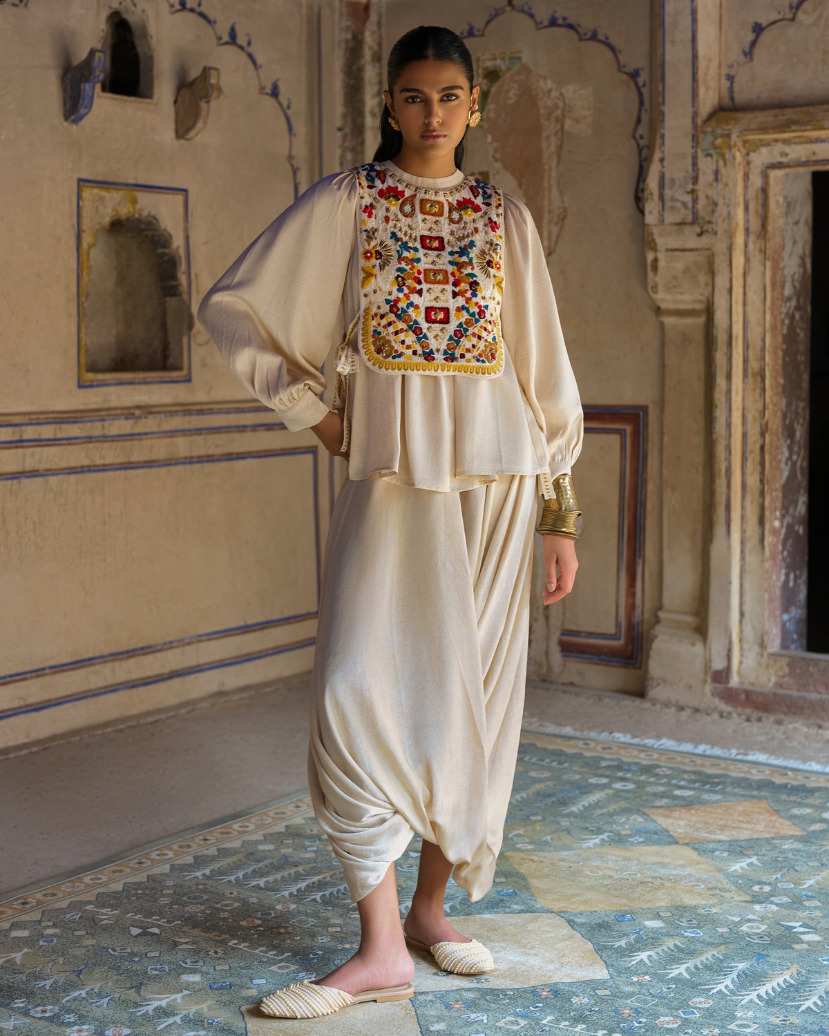Ivory Embroidered Cowl Pant Set